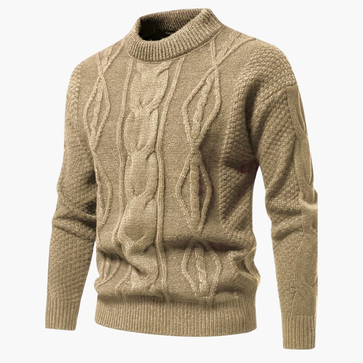 Herr Kabelstickad Tröja - Klassisk Rundning - Khaki