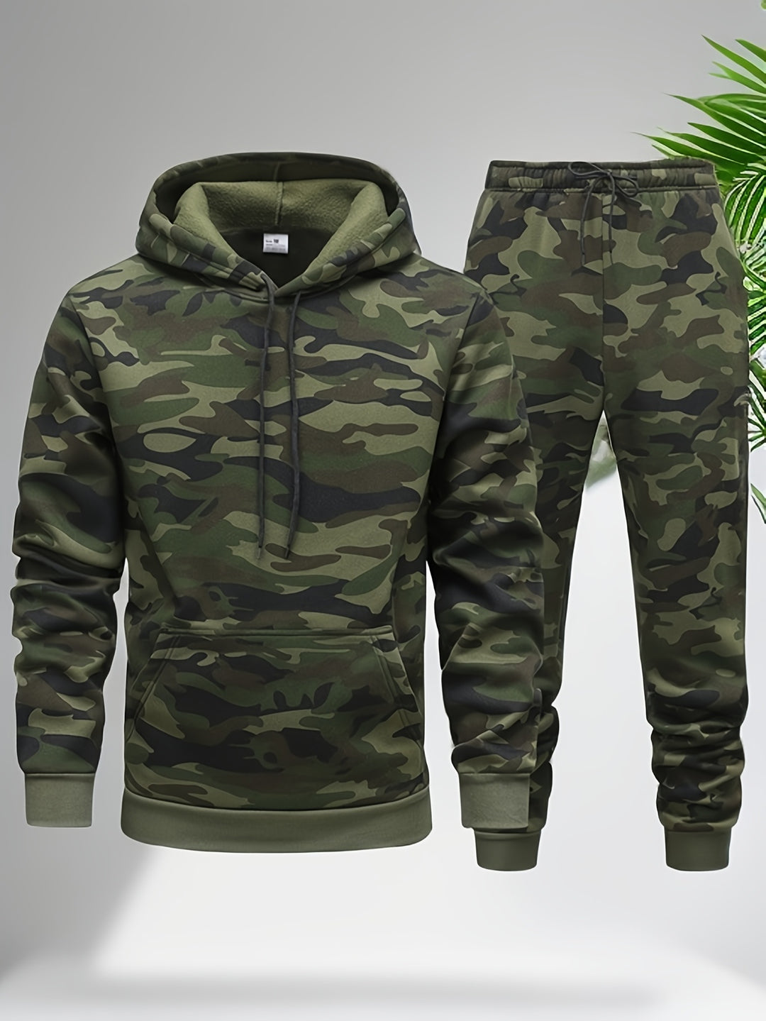 Herr Kamouflage Hoodie och Träningsset - Elastisk Polyester - Grön