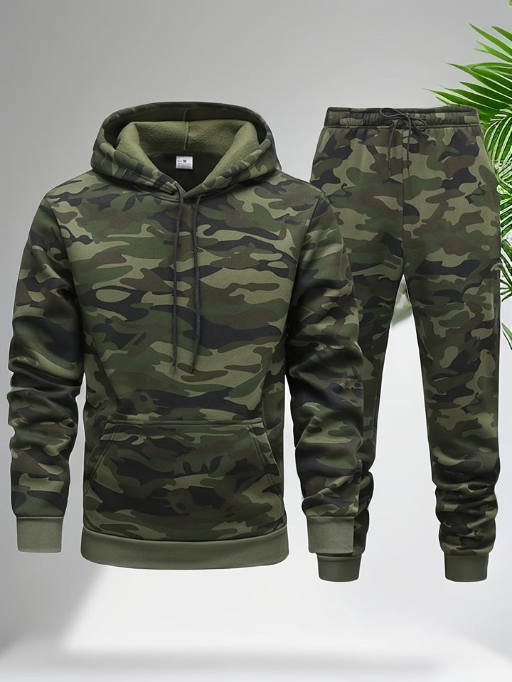 Herr Kamouflage Hoodie och Träningsset - Elastisk Polyester - Grön