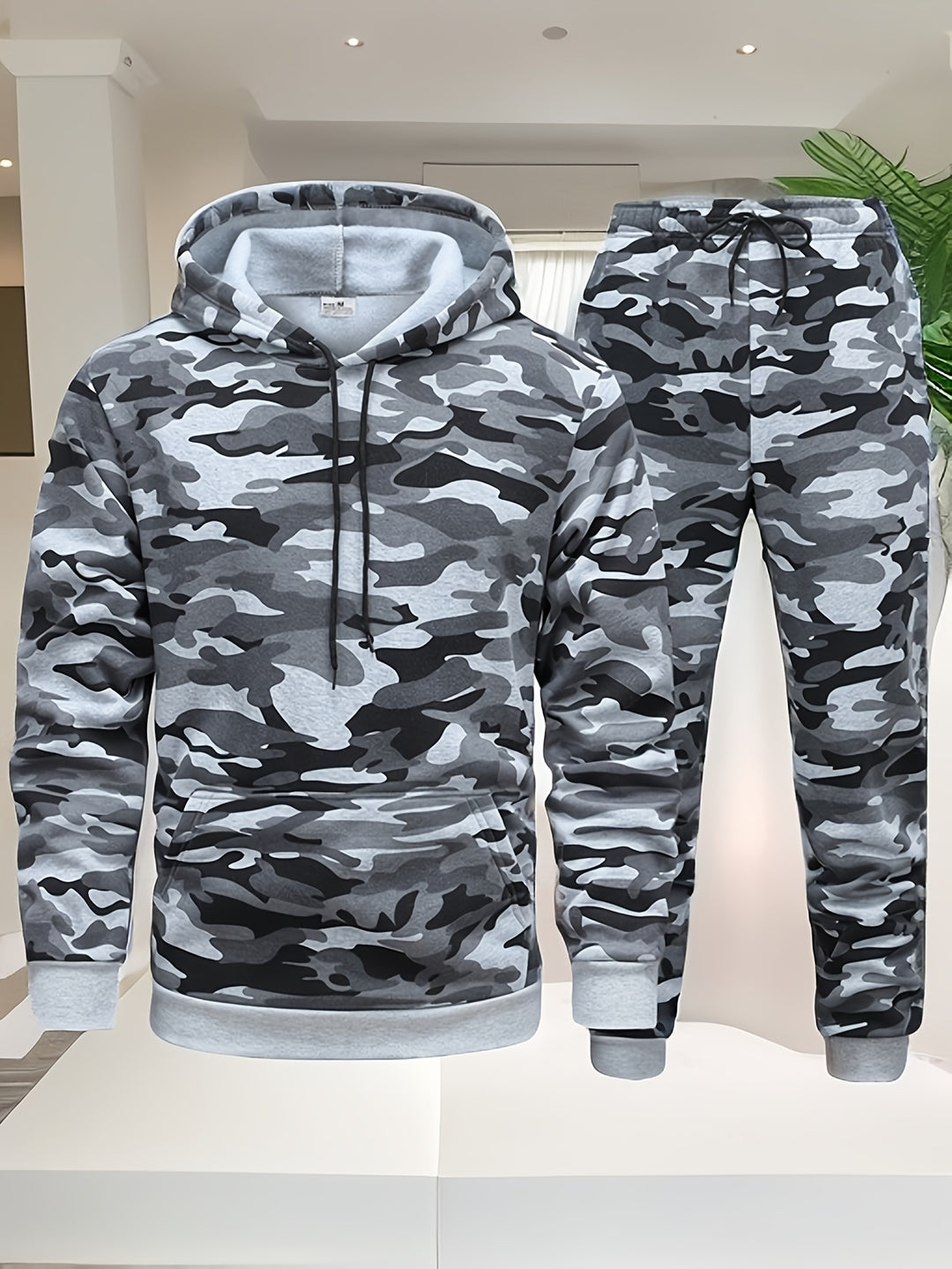 Herr Kamouflage Hoodie och Träningsset - Elastisk Polyester - Grå