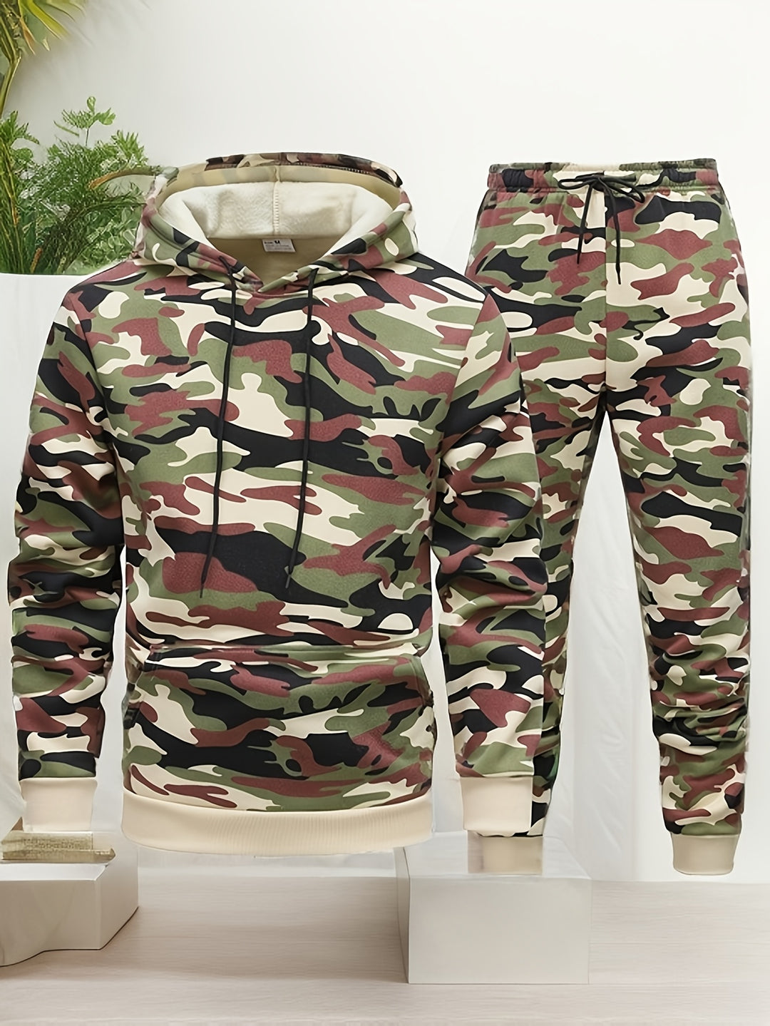 Herr Kamouflage Hoodie och Träningsset - Elastisk Polyester - Khaki