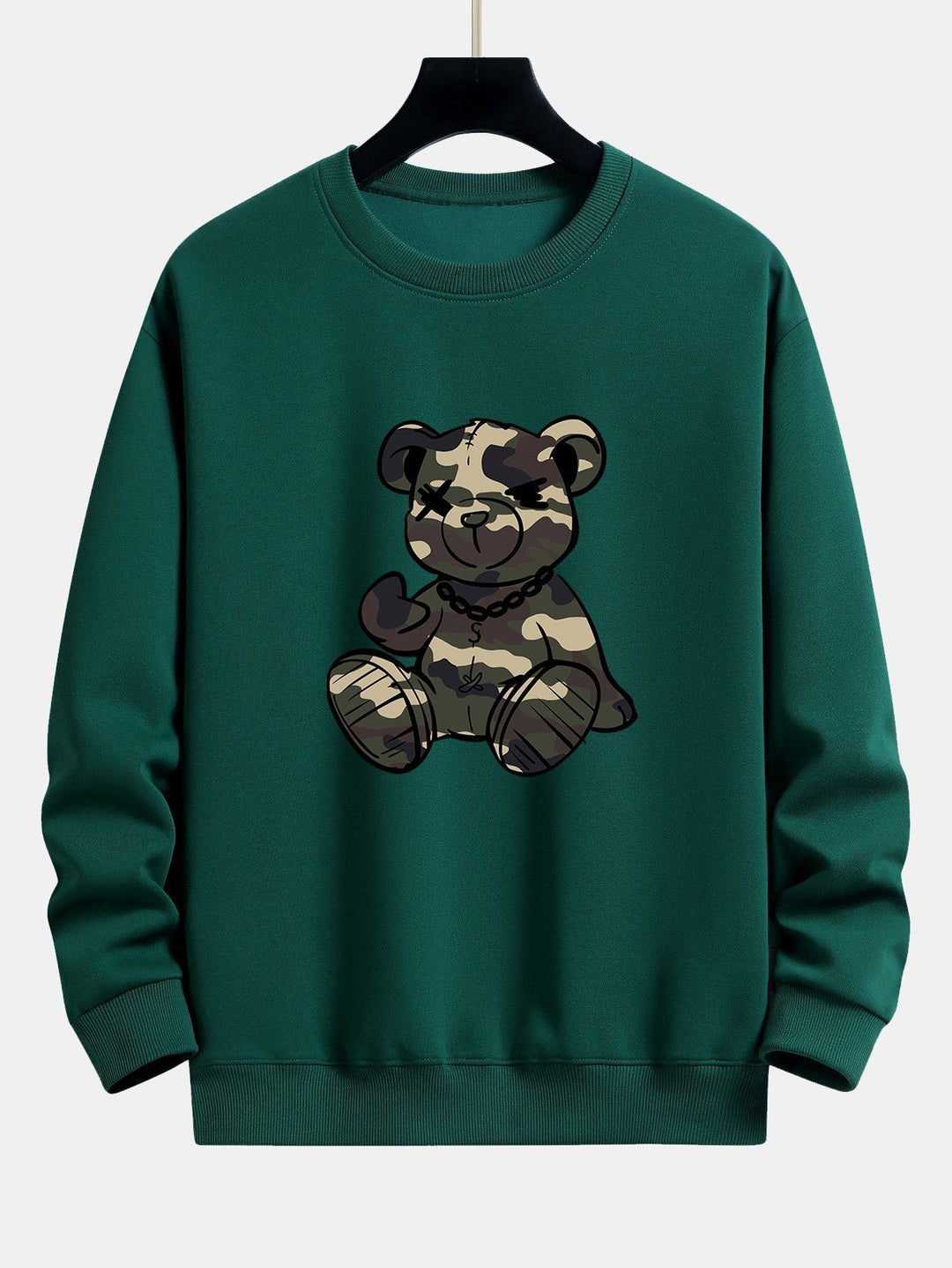 Herr Kamouflage Nalle Grafisk Sweatshirt in mörkgrön, Avslappnad Passform