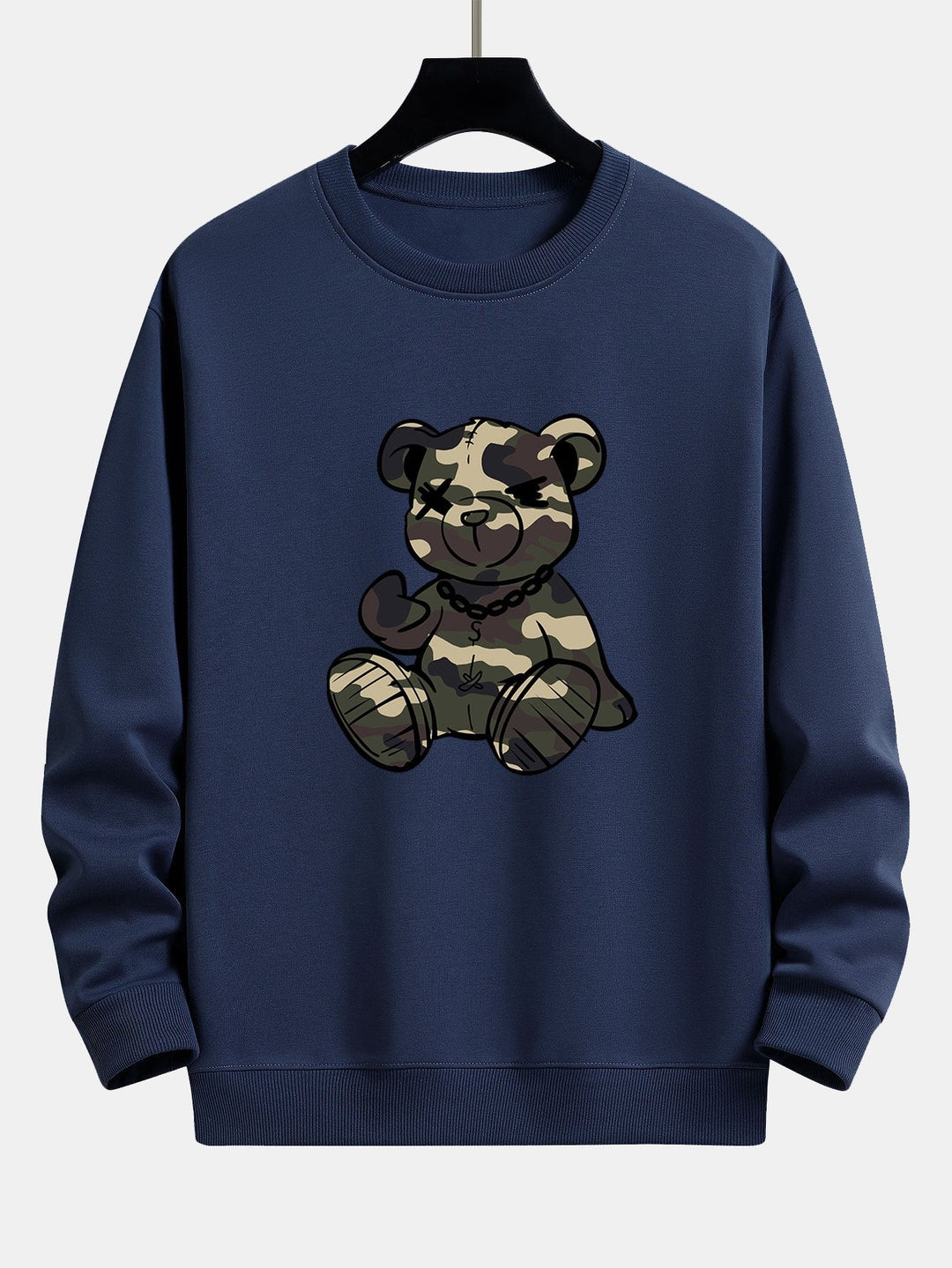 Herr Kamouflage Nalle Grafisk Sweatshirt in marinblå, Avslappnad Passform
