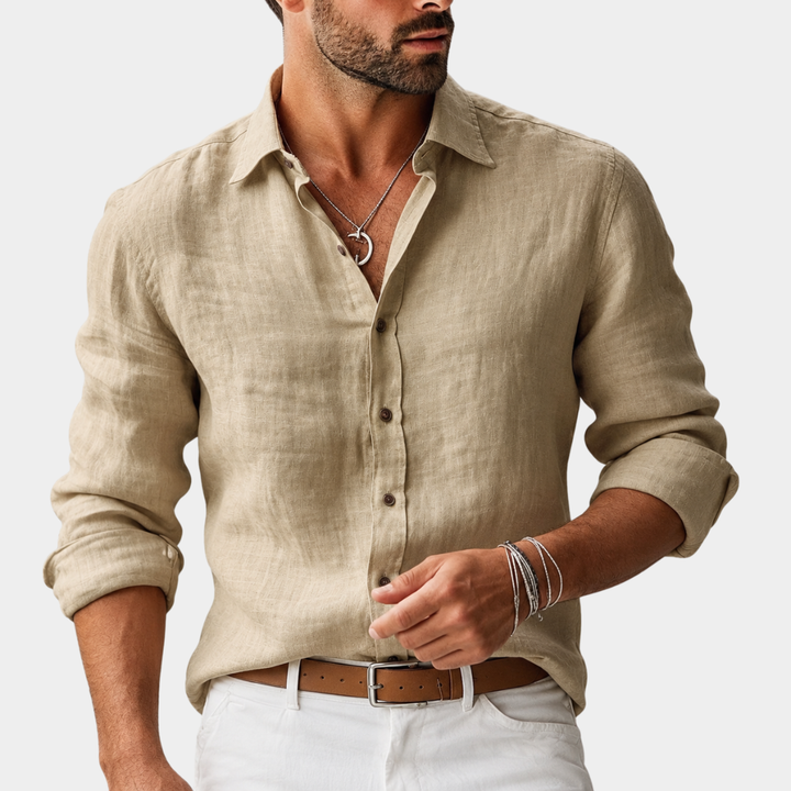 Herr Klassisk Långärmad Skjorta - Tidlös Stil - Khaki