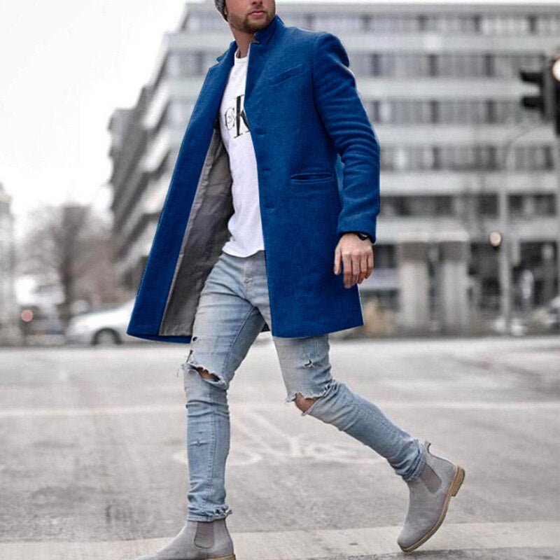 Herr Klassisk Lång Ullkappa - Tidlös Elegans - Blå