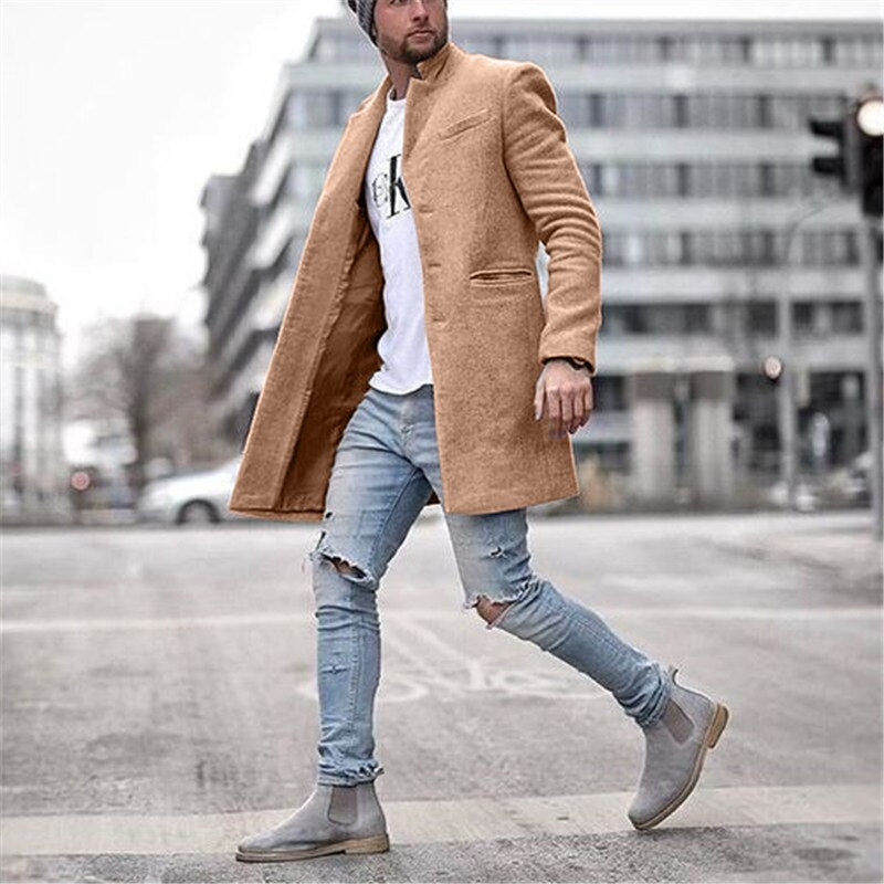 Herr Klassisk Lång Ullkappa - Tidlös Elegans - Khaki