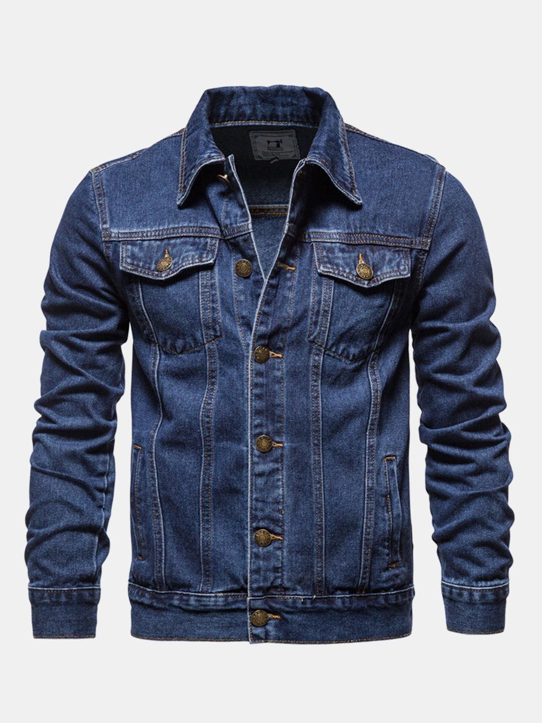 Herr Klassisk Tvättad Denimjacka in mörkblå, Casual Skjortstil