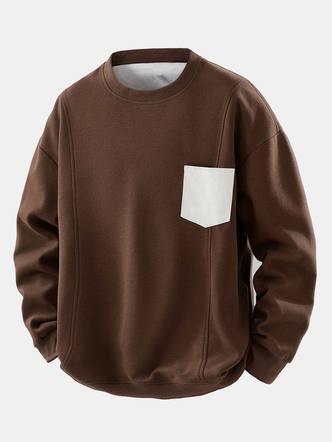 Herr Kontrastficka Crew Neck Sweatshirt – Avslappnad Passform - Mörkbrun