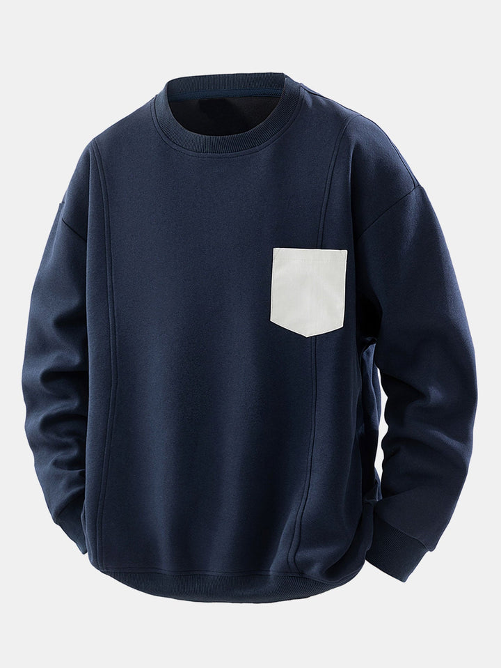 Herr Kontrastficka Crew Neck Sweatshirt – Avslappnad Passform - Marinblå