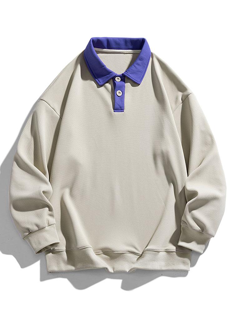 Herr Kontrastkrage Polotröja in beige, Avslappnad Passform Långärmad