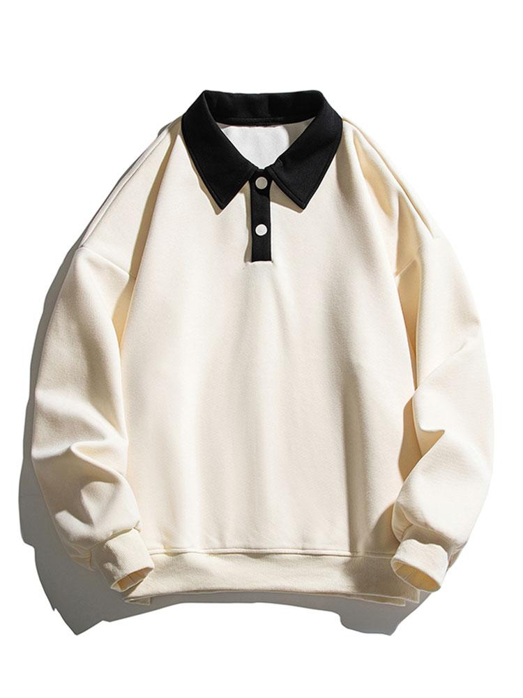 Herr Kontrastkrage Sweatshirt – Relaxad Passform Bomullsblandning - Beige