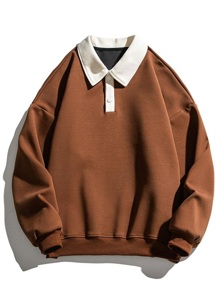 Herr Kontrastkrage Sweatshirt – Relaxad Passform Bomullsblandning - Brun