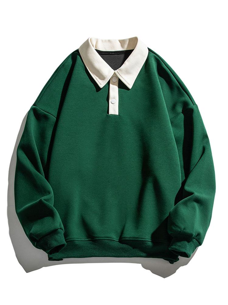 Herr Kontrastkrage Sweatshirt – Relaxad Passform Bomullsblandning - Mörkgrön