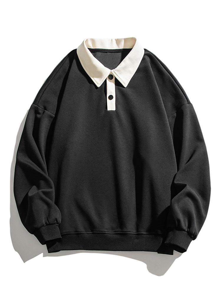 Herr Kontrastkrage Sweatshirt – Relaxad Passform Bomullsblandning - Svart