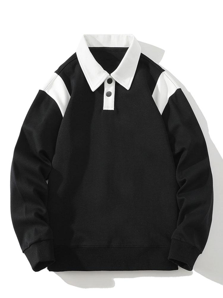 Herr Kontrastpolo Sweatshirt – Relaxad Passform Långärmad - Svart
