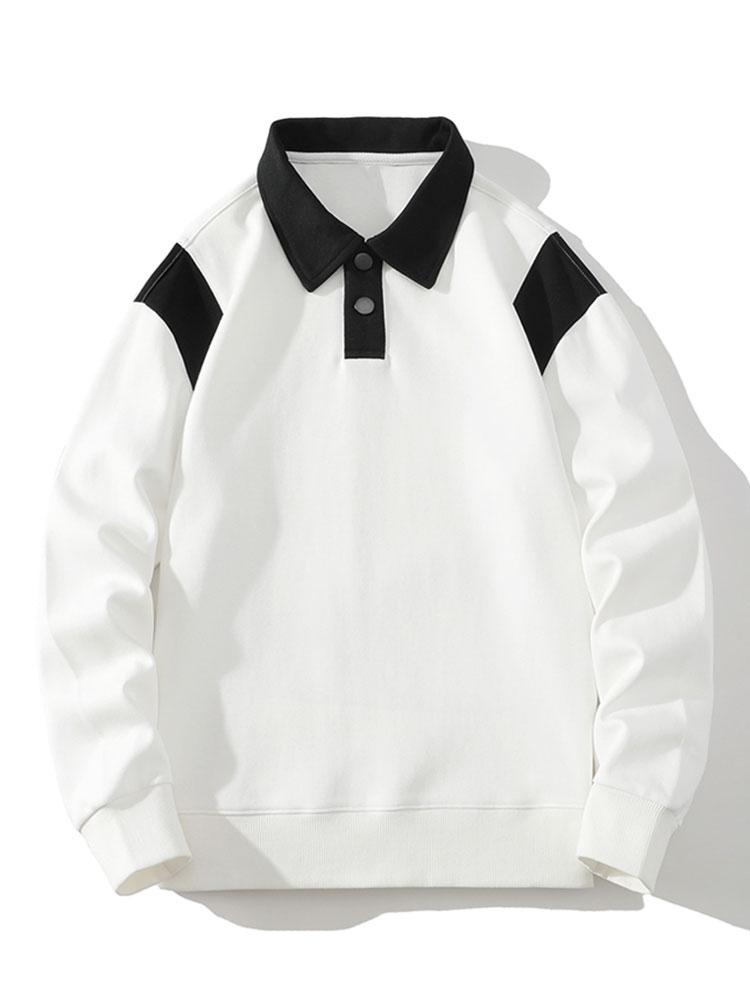 Herr Kontrastpolo Sweatshirt – Relaxad Passform Långärmad - Vit