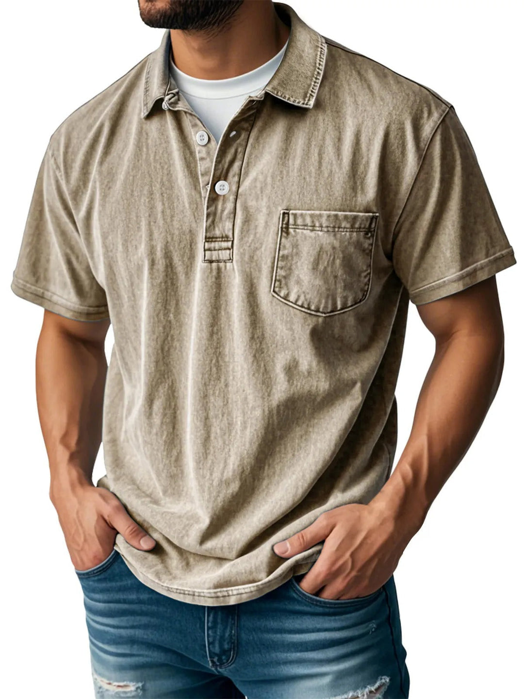 Herr Kortärmad Poloskjorta - Klassisk Stil - Khaki