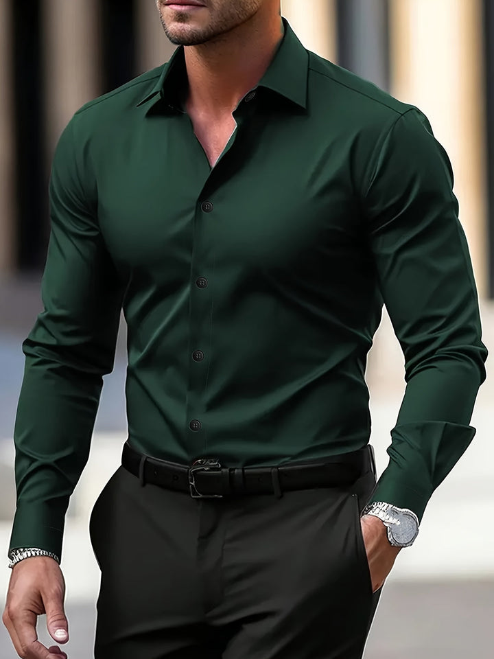 Herr Långärmad Skjorta - Elegant Reverskrage - Grön