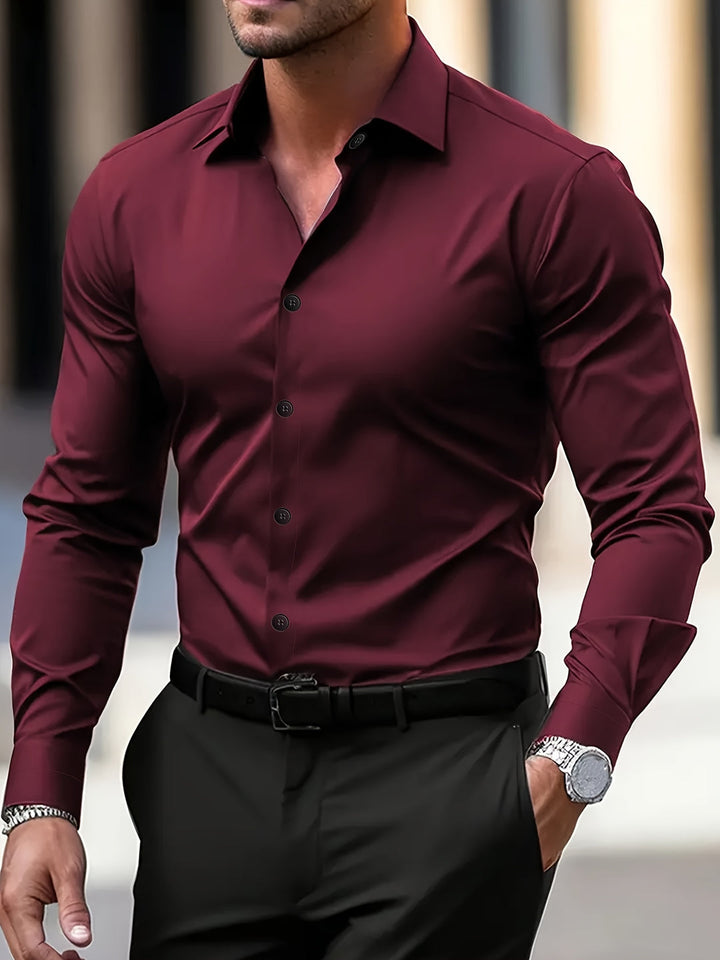 Herr Långärmad Skjorta - Elegant Reverskrage - Röd