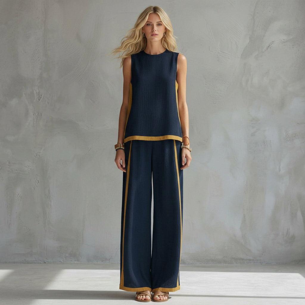Dam Linne- och Bomullsset - Elegant Sommarkollektion - Elegant Sommarset - Marinblå