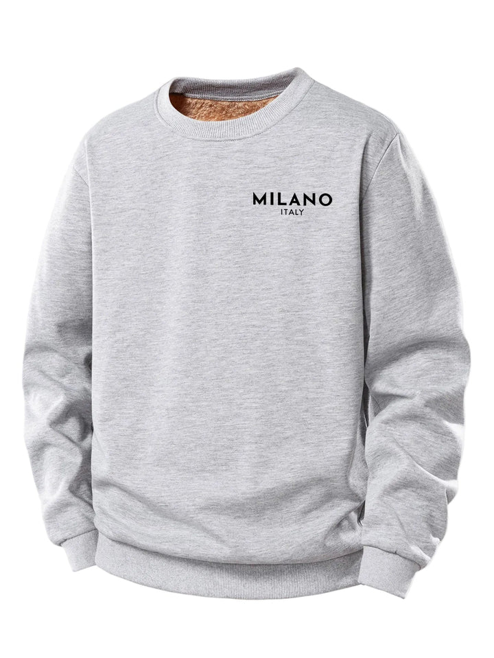Herr Milano Print Fleecetröja – Klassisk Crew Neck Varm Casual Pullove - Ljusgrå