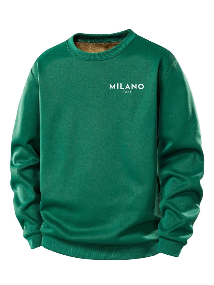 Herr Milano Print Fleecetröja – Klassisk Crew Neck Varm Casual Pullove - Mörkgrön