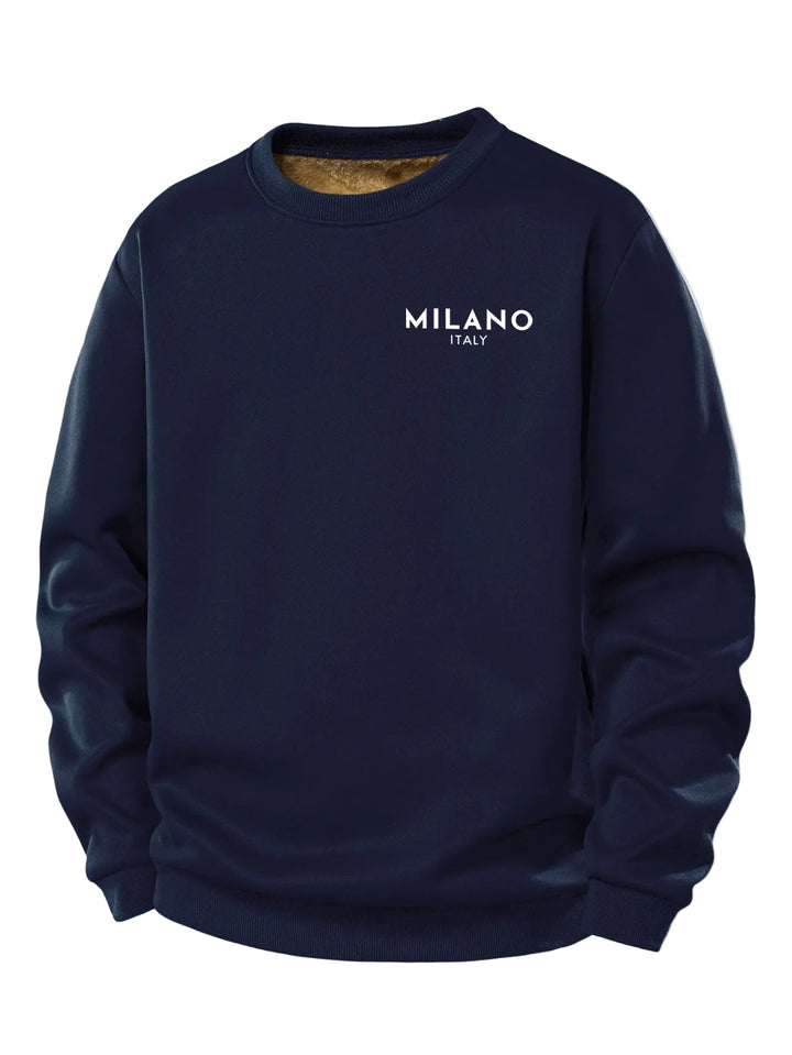 Herr Milano Print Fleecetröja – Klassisk Crew Neck Varm Casual Pullove - Marinblå