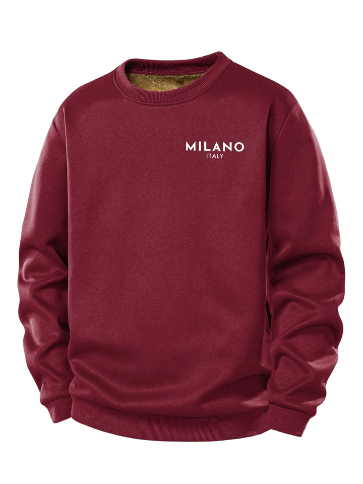 Herr Milano Print Fleecetröja – Klassisk Crew Neck Varm Casual Pullove - Vinröd