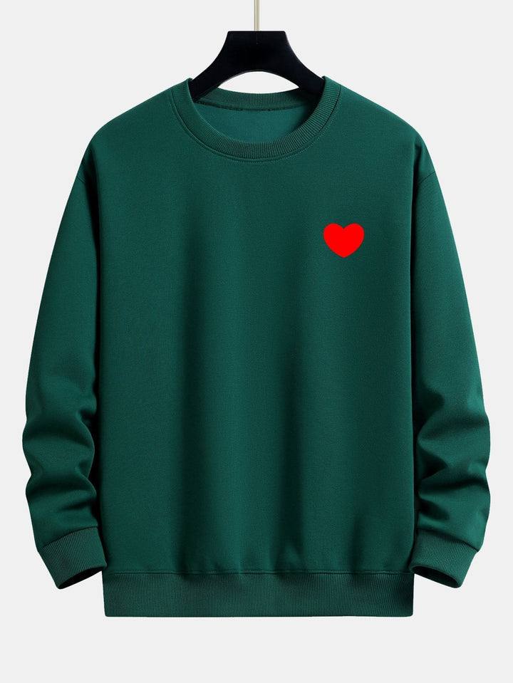 Herr Minimalistisk Hjärtmotiv Sweatshirt – Avslappnad Passform - Mörkgrön