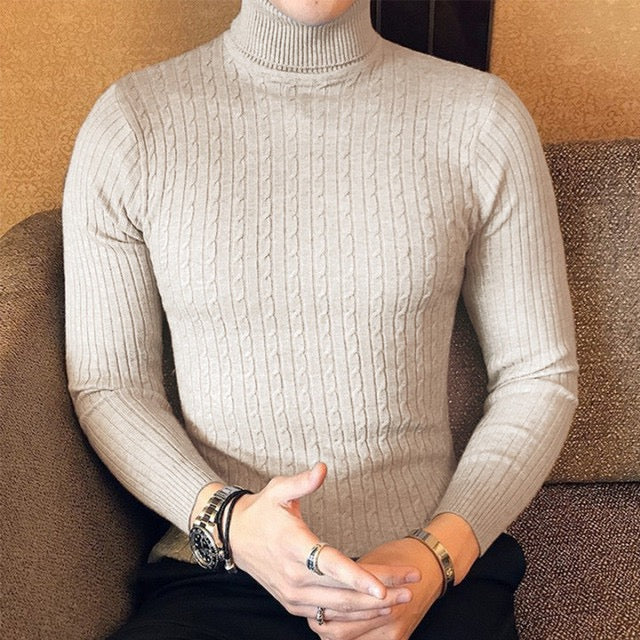 Herr Polokrage Stickad Tröja - Slim Passform - Beige