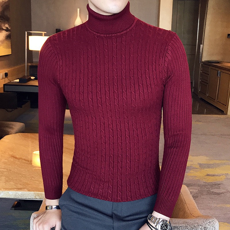 Herr Polokrage Stickad Tröja - Slim Passform - Burgundy