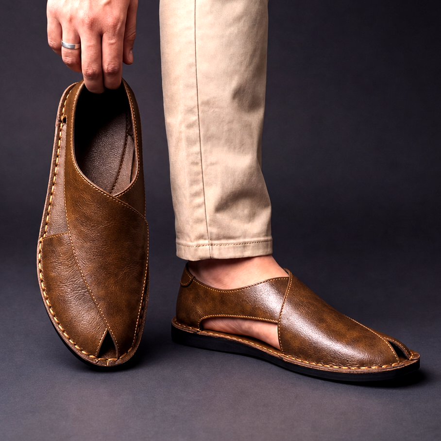Herr Öppen Tå Sandaler in brun, Klassisk Handgjord Design