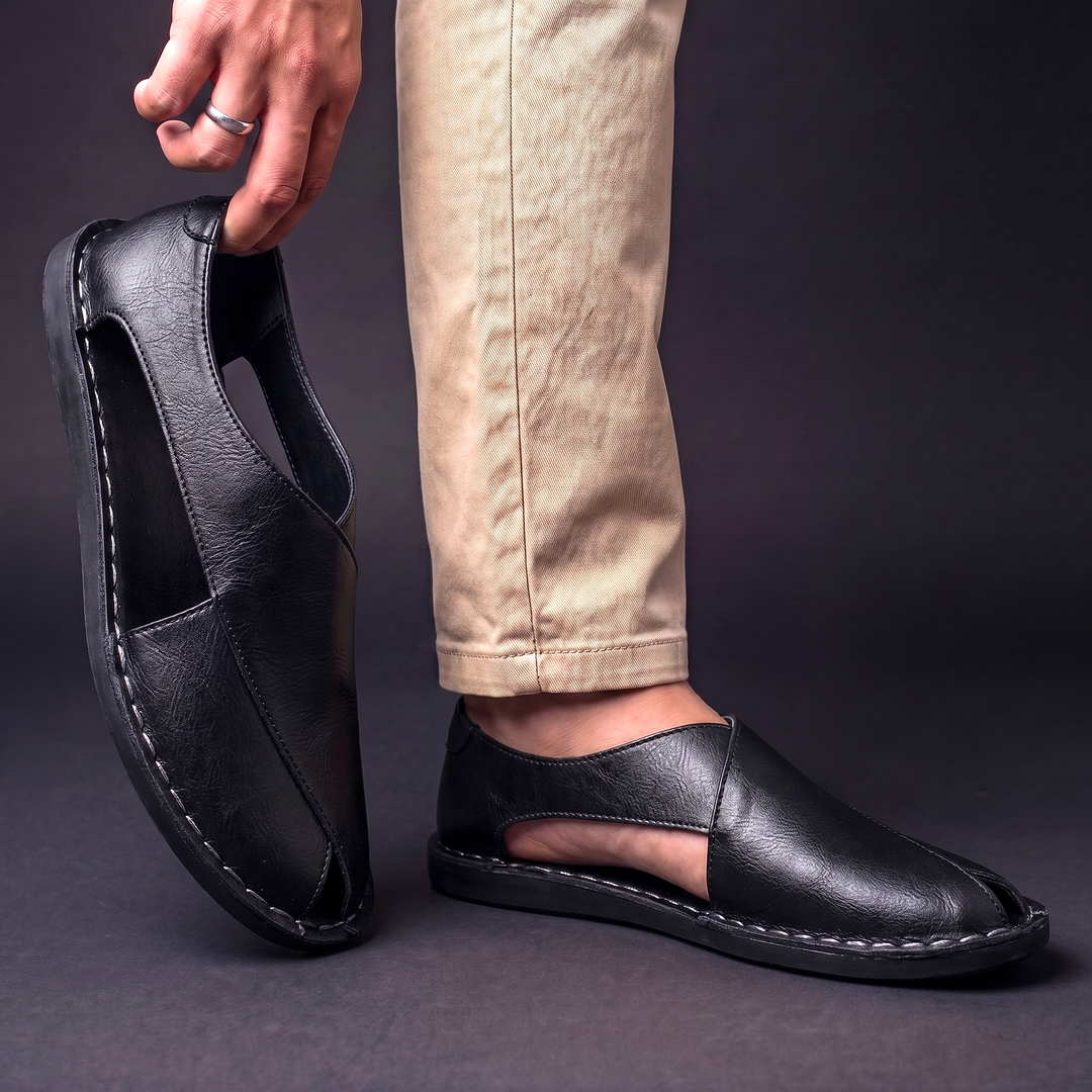 Herr Öppen Tå Sandaler in svart, Klassisk Handgjord Design