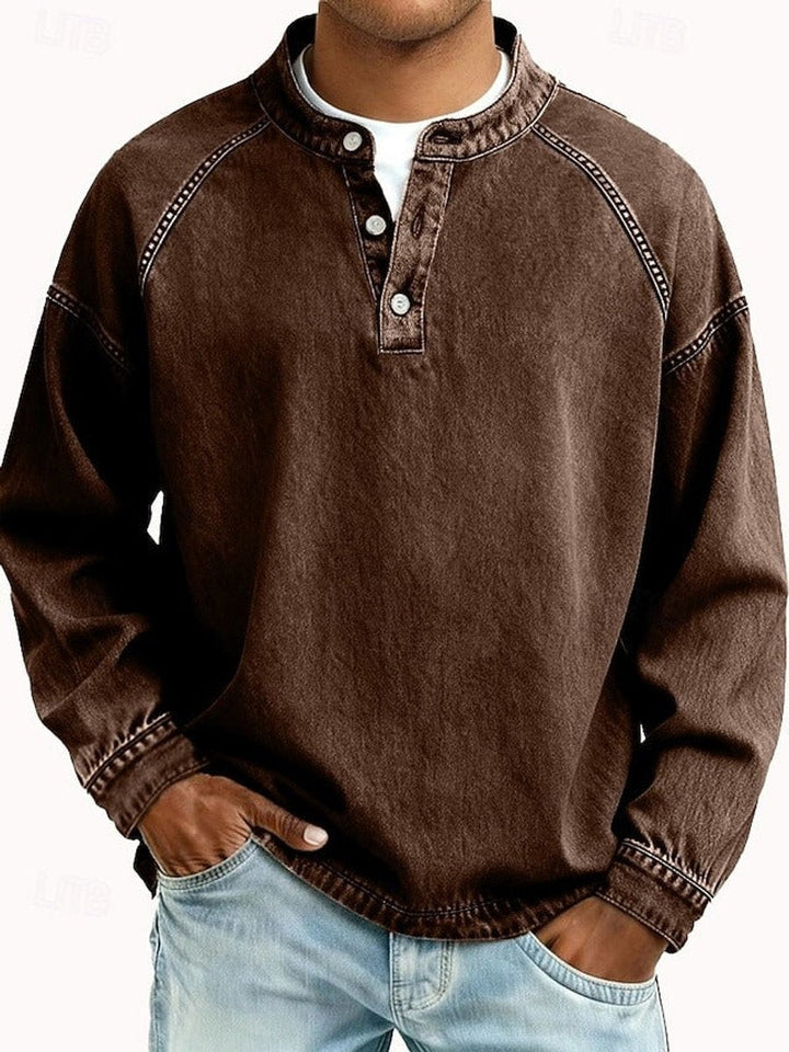Herr Raglan Henley Sweatshirt in brun, Tvättad finish