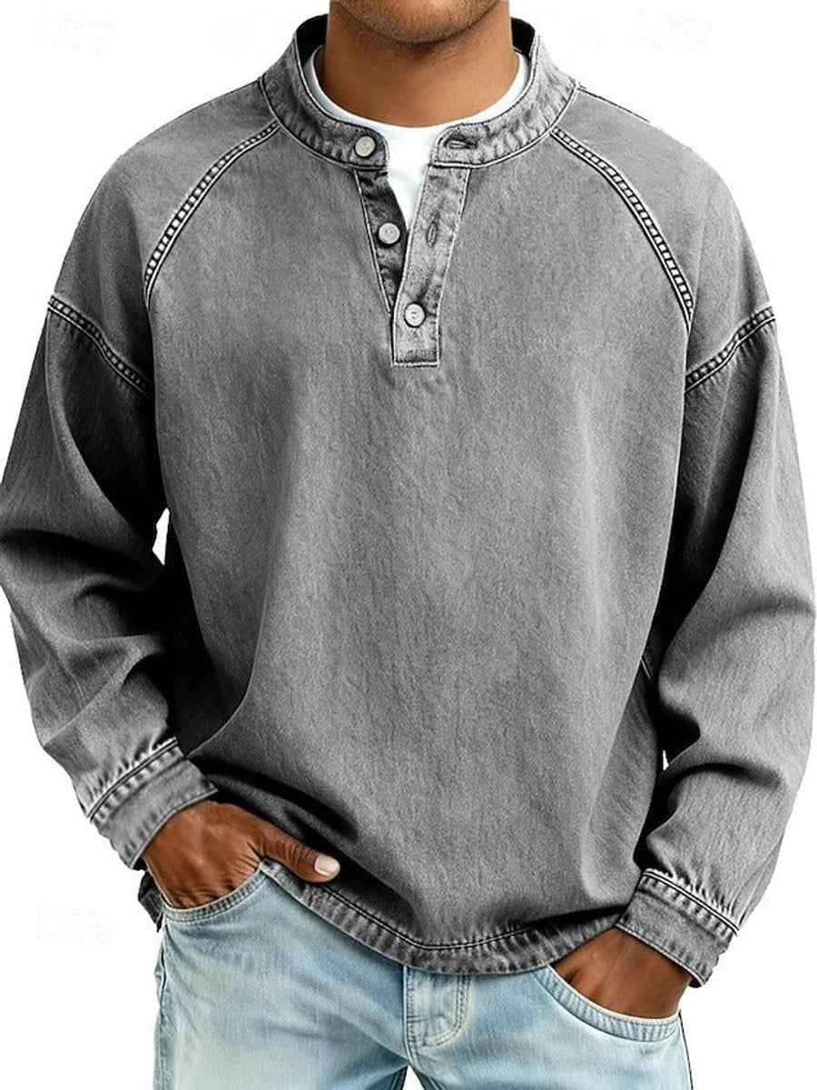 Herr Raglan Henley Sweatshirt in grå, Tvättad finish