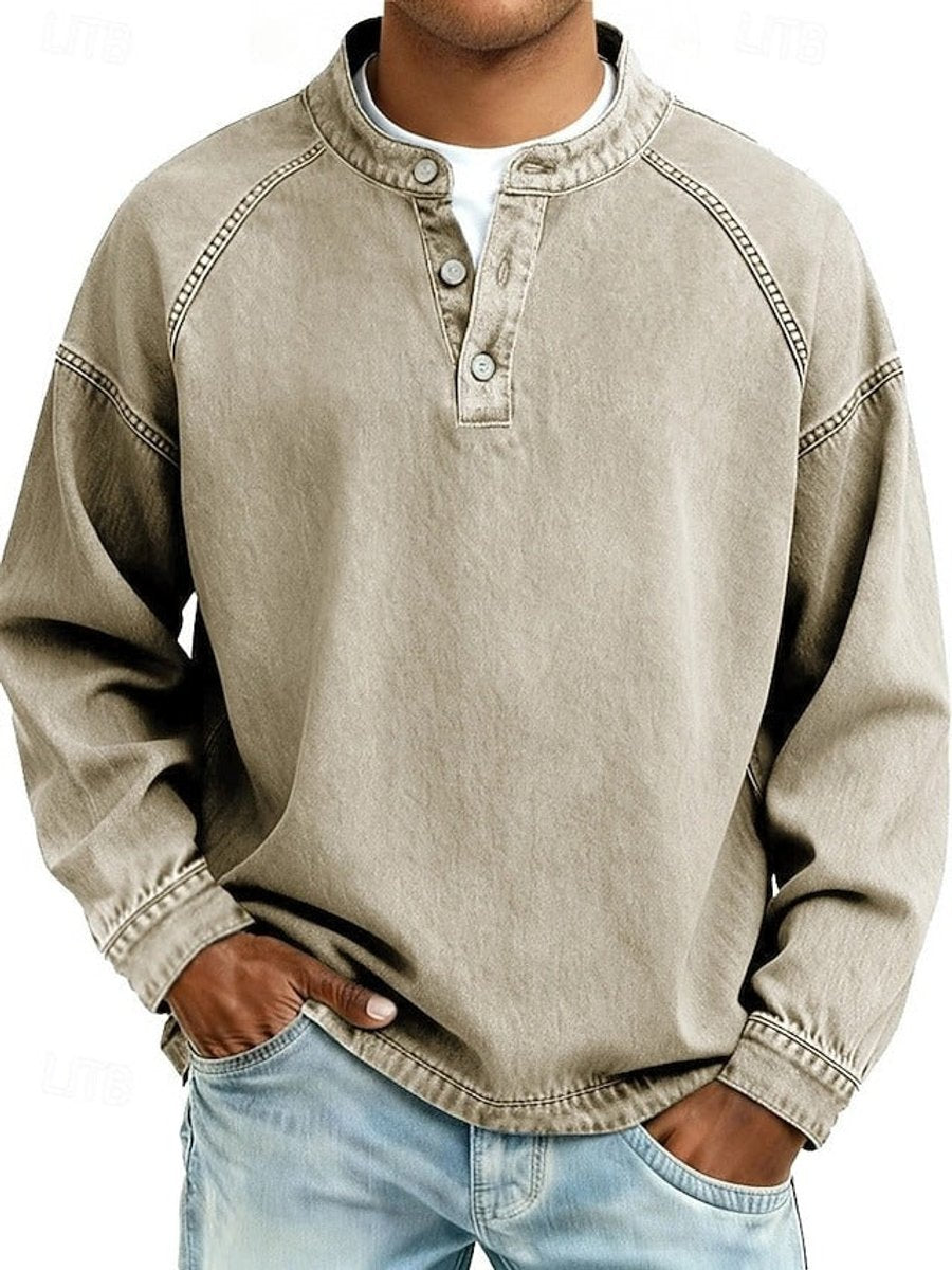 Herr Raglan Henley Sweatshirt in khaki, Tvättad finish