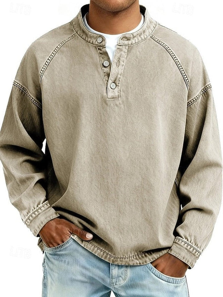 Herr Raglan Henley Sweatshirt in khaki, Tvättad finish