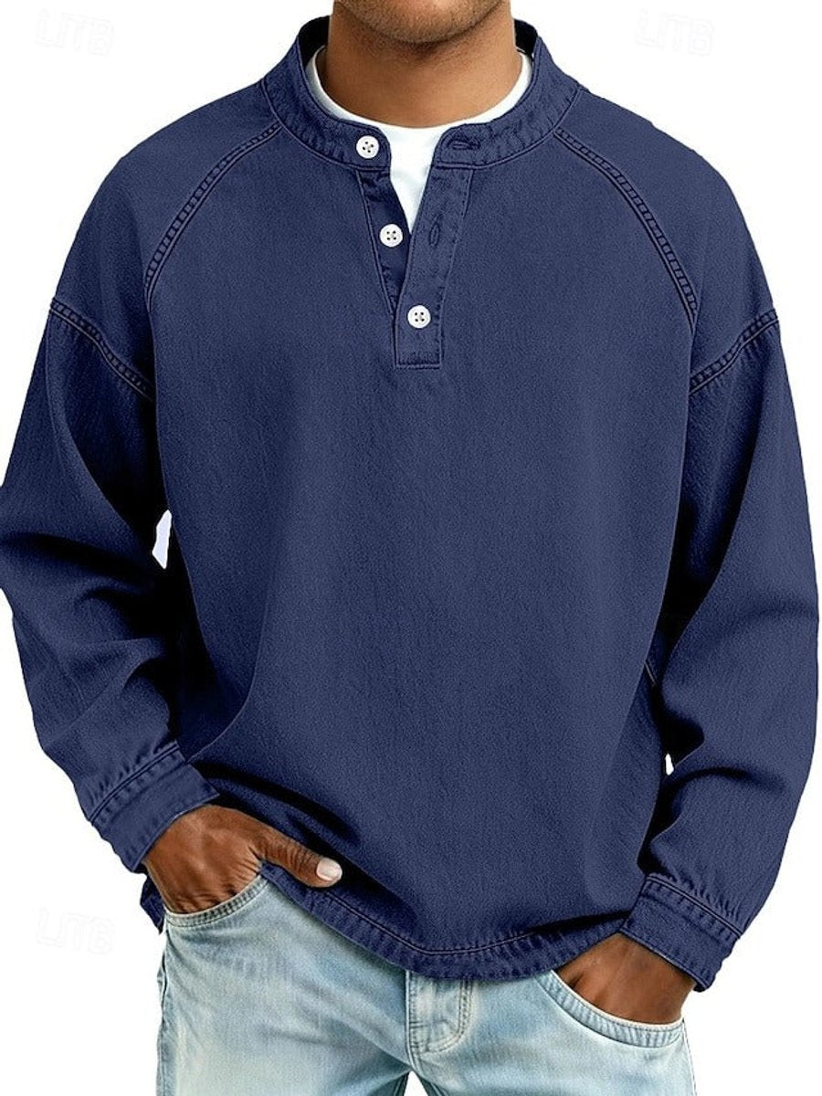 Herr Raglan Henley Sweatshirt in kunglig blå, Tvättad finish