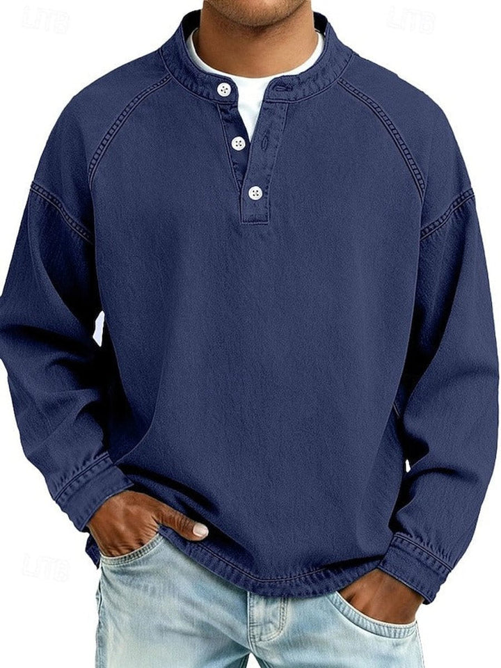Herr Raglan Henley Sweatshirt in kunglig blå, Tvättad finish