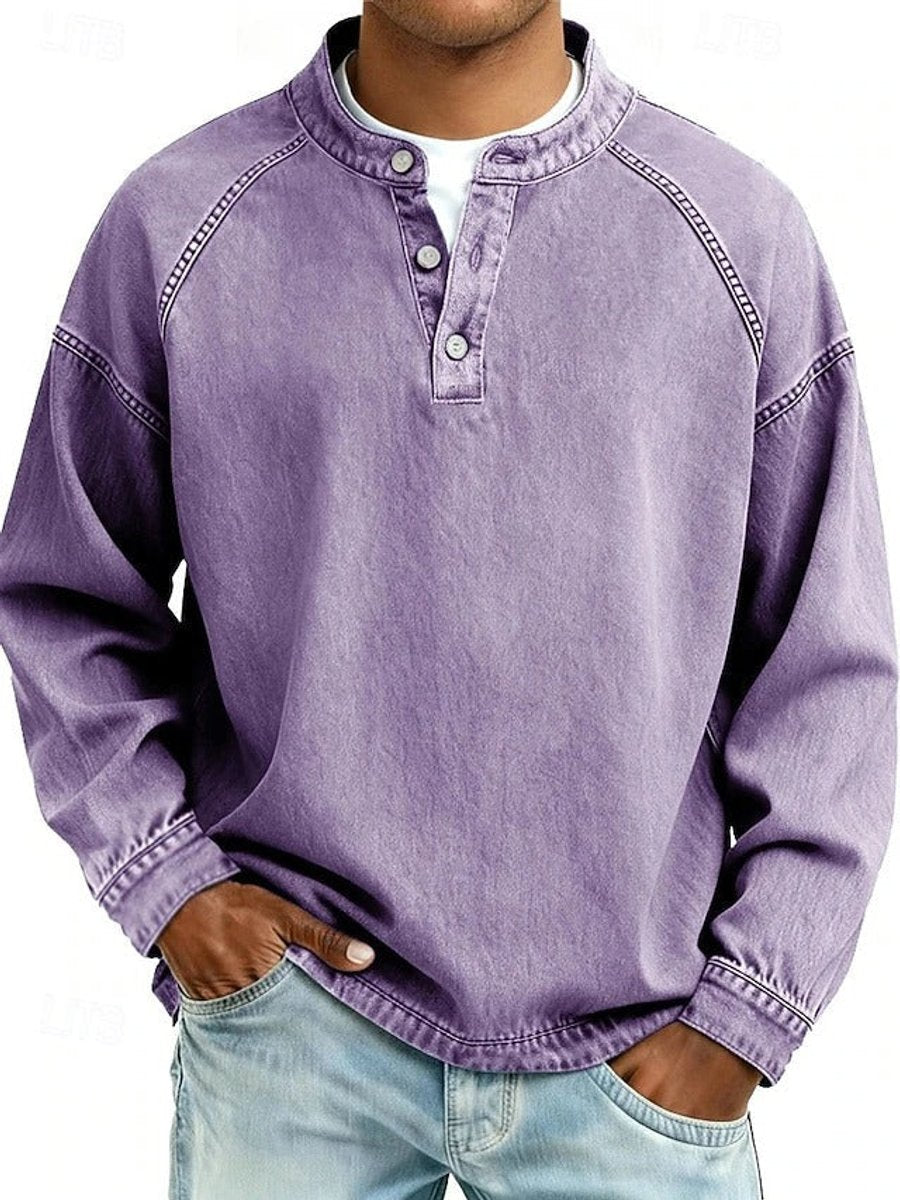 Herr Raglan Henley Sweatshirt in lila, Tvättad finish