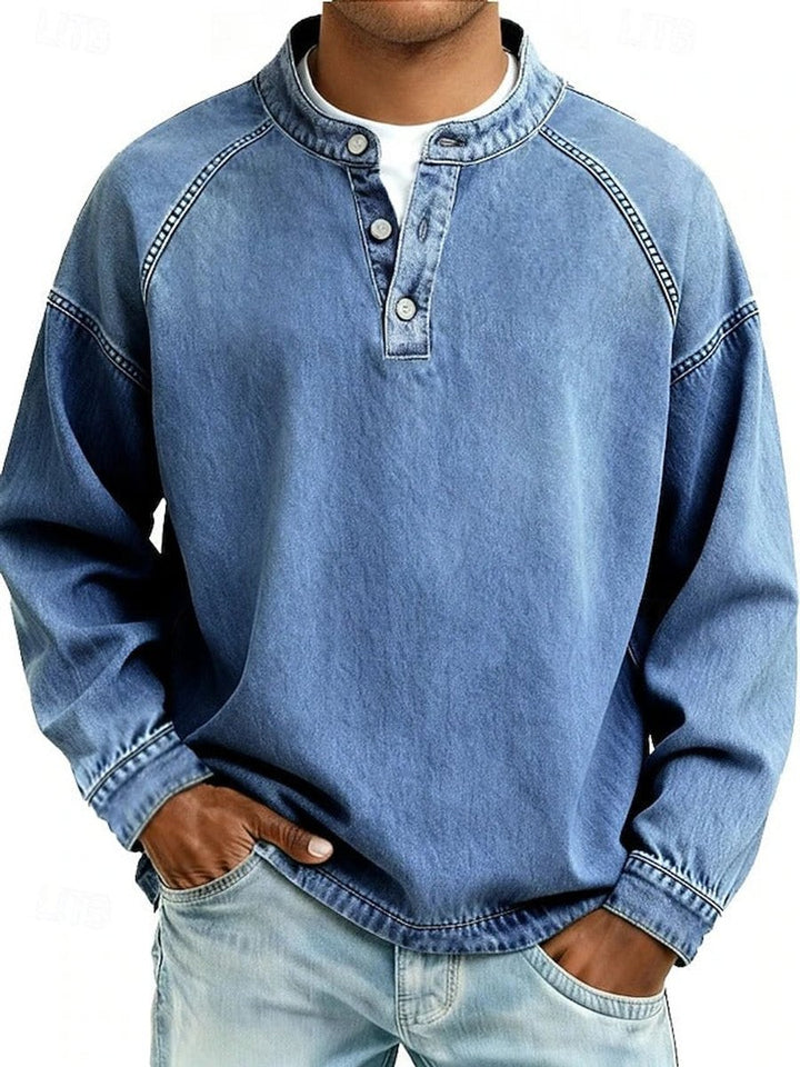 Herr Raglan Henley Sweatshirt in ljusblå, Tvättad finish