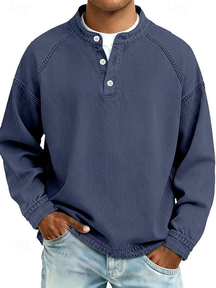 Herr Raglan Henley Sweatshirt in mörkblå, Tvättad finish