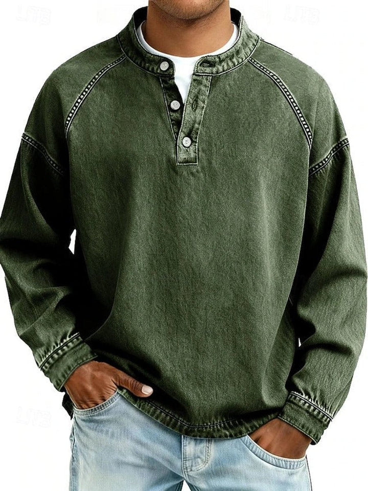 Herr Raglan Henley Sweatshirt in mörkgrön, Tvättad finish