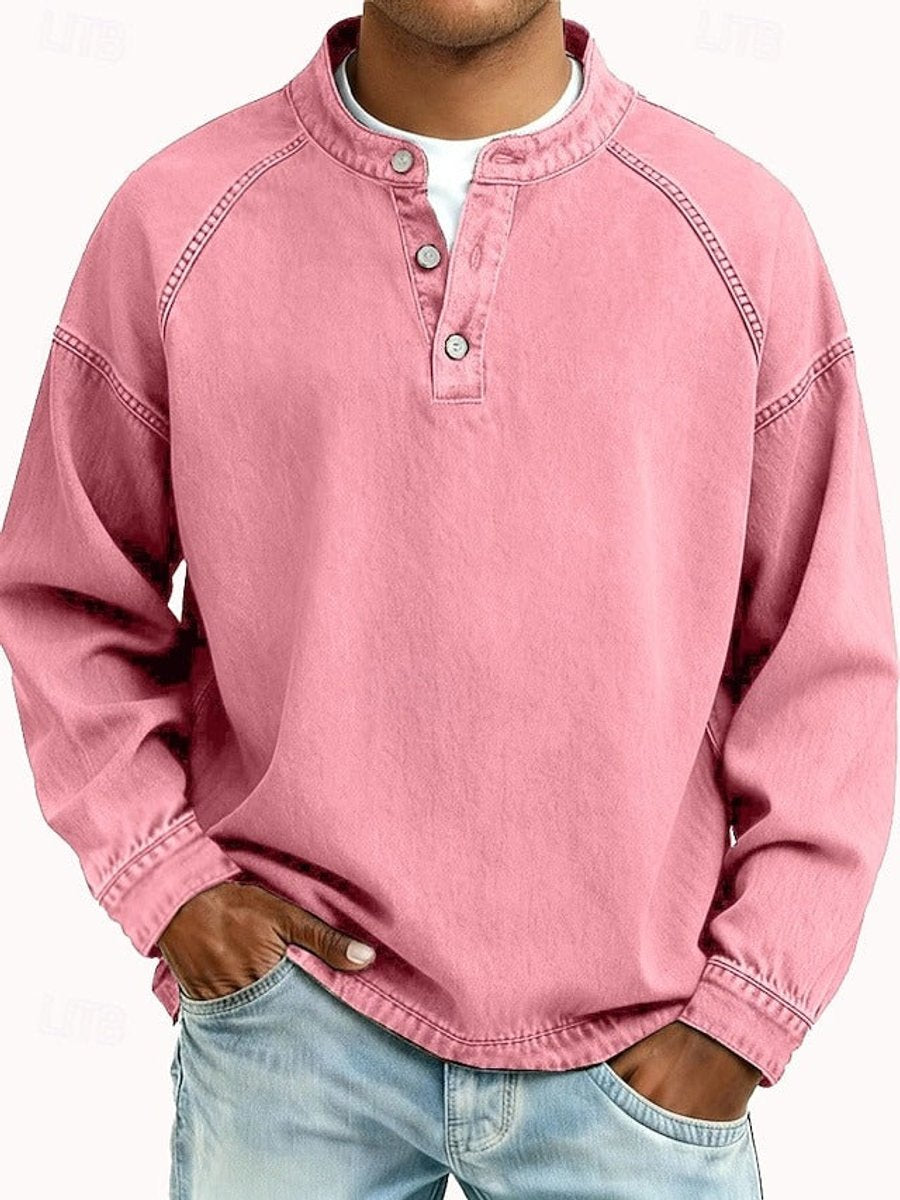Herr Raglan Henley Sweatshirt in rosa, Tvättad finish