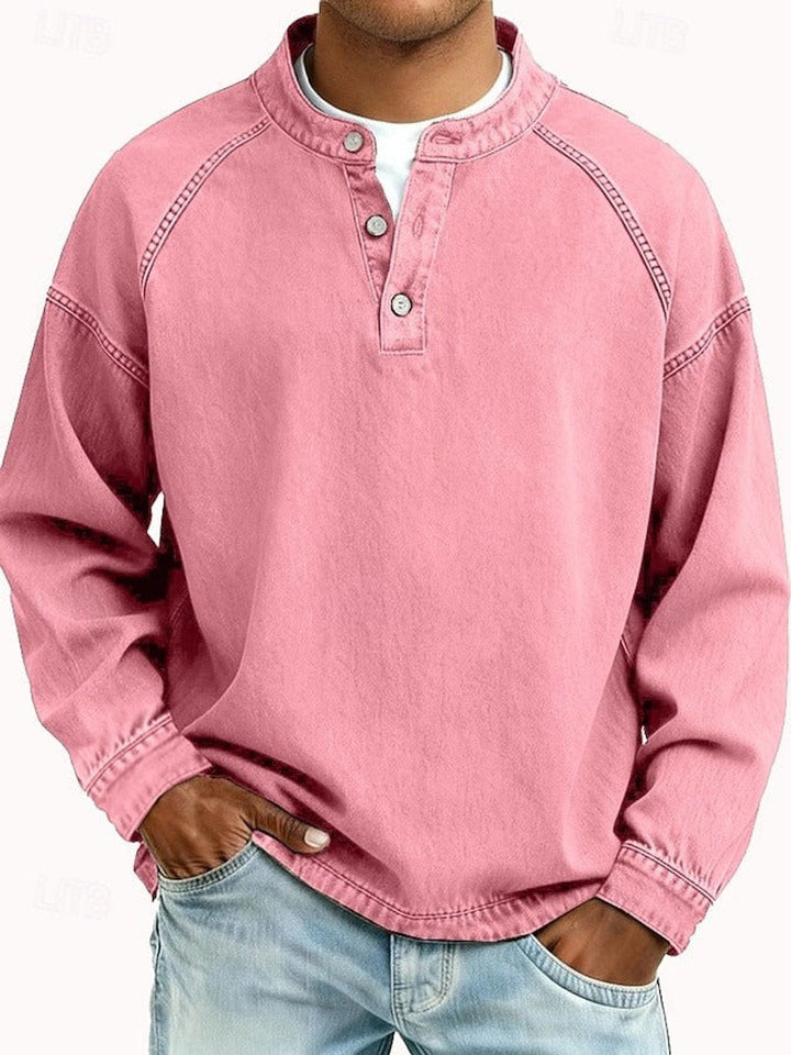 Herr Raglan Henley Sweatshirt in rosa, Tvättad finish