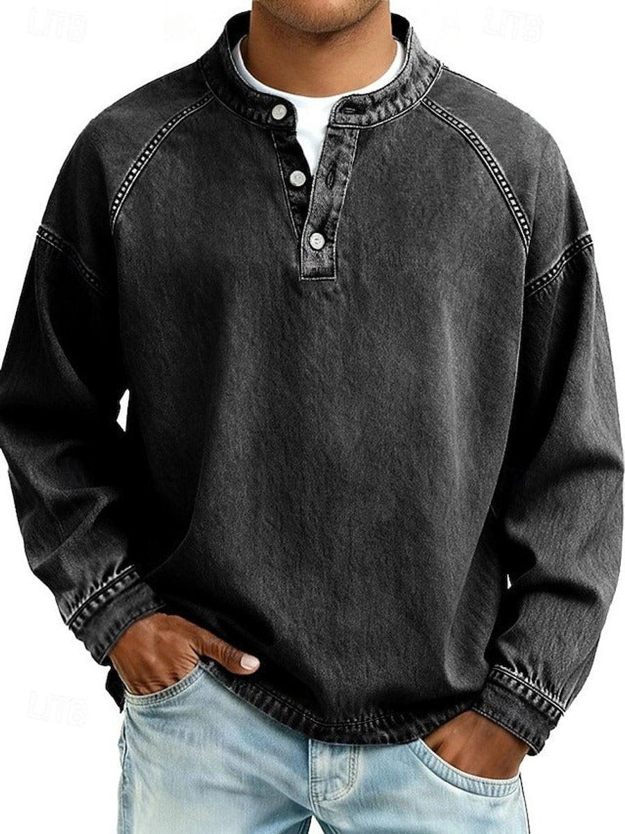 Herr Raglan Henley Sweatshirt in svart, Tvättad finish