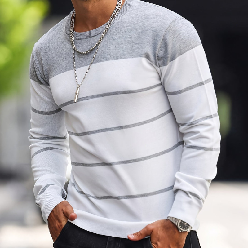 Herr Randig Tröja - Regular Fit Casual - Ljusgrå