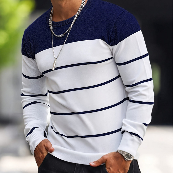 Herr Randig Tröja - Regular Fit Casual - Marinblå