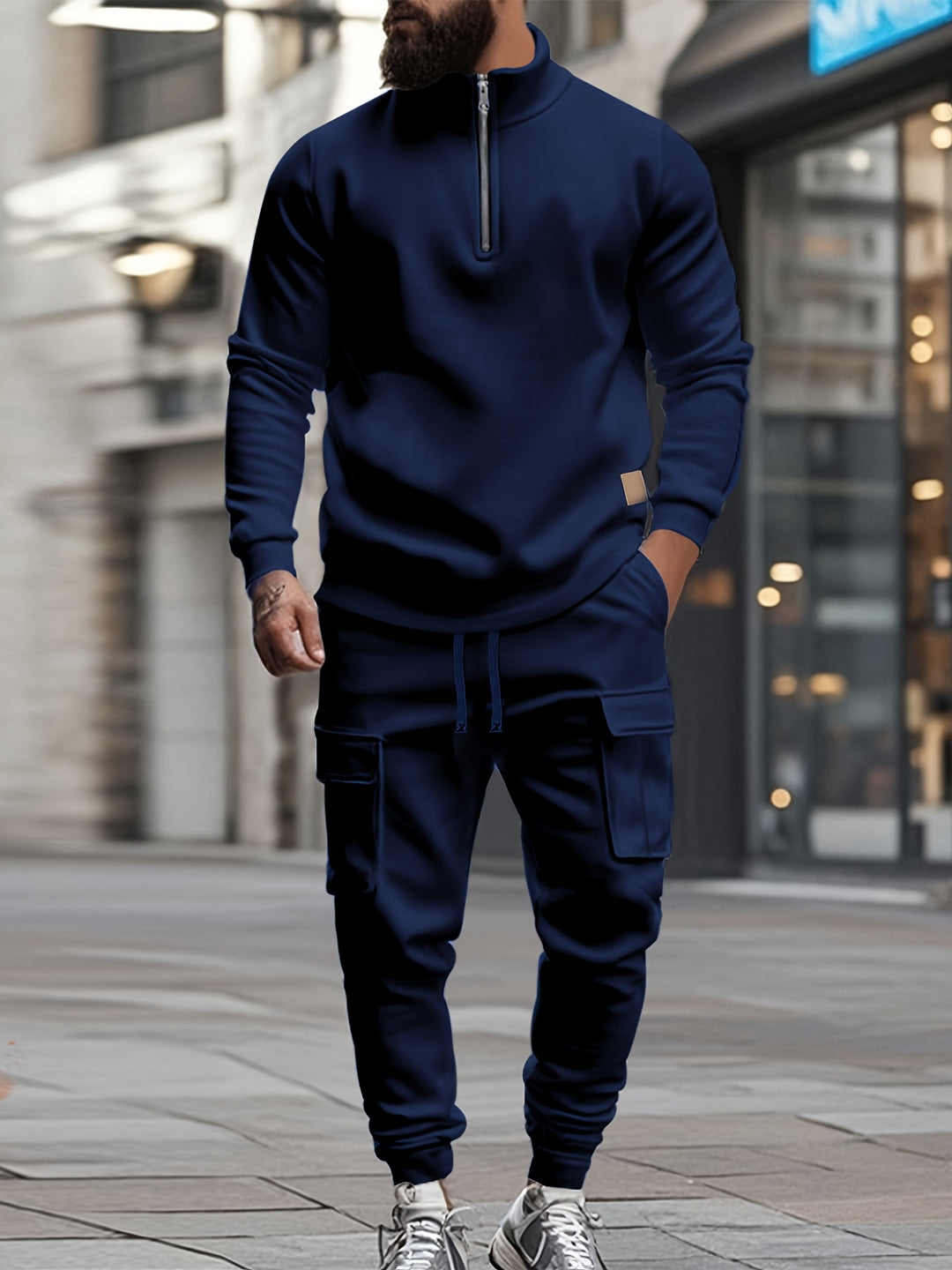 Herr Retro Sportset - Half-Zip Sweatshirt &amp; Arbetsbyx - Blå