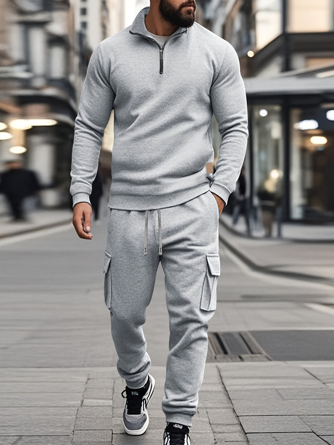 Herr Retro Sportset - Half-Zip Sweatshirt &amp; Arbetsbyx - Grå